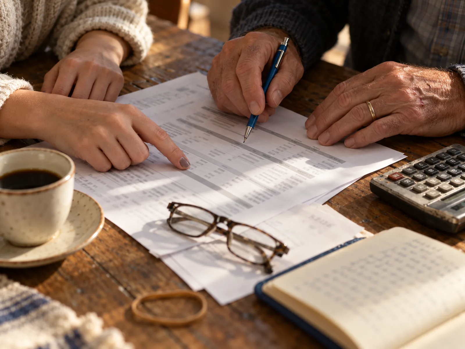 Duas pessoas analisando um relatório impresso sobre uma mesa de madeira, com calculadora, óculos e uma xícara de café.