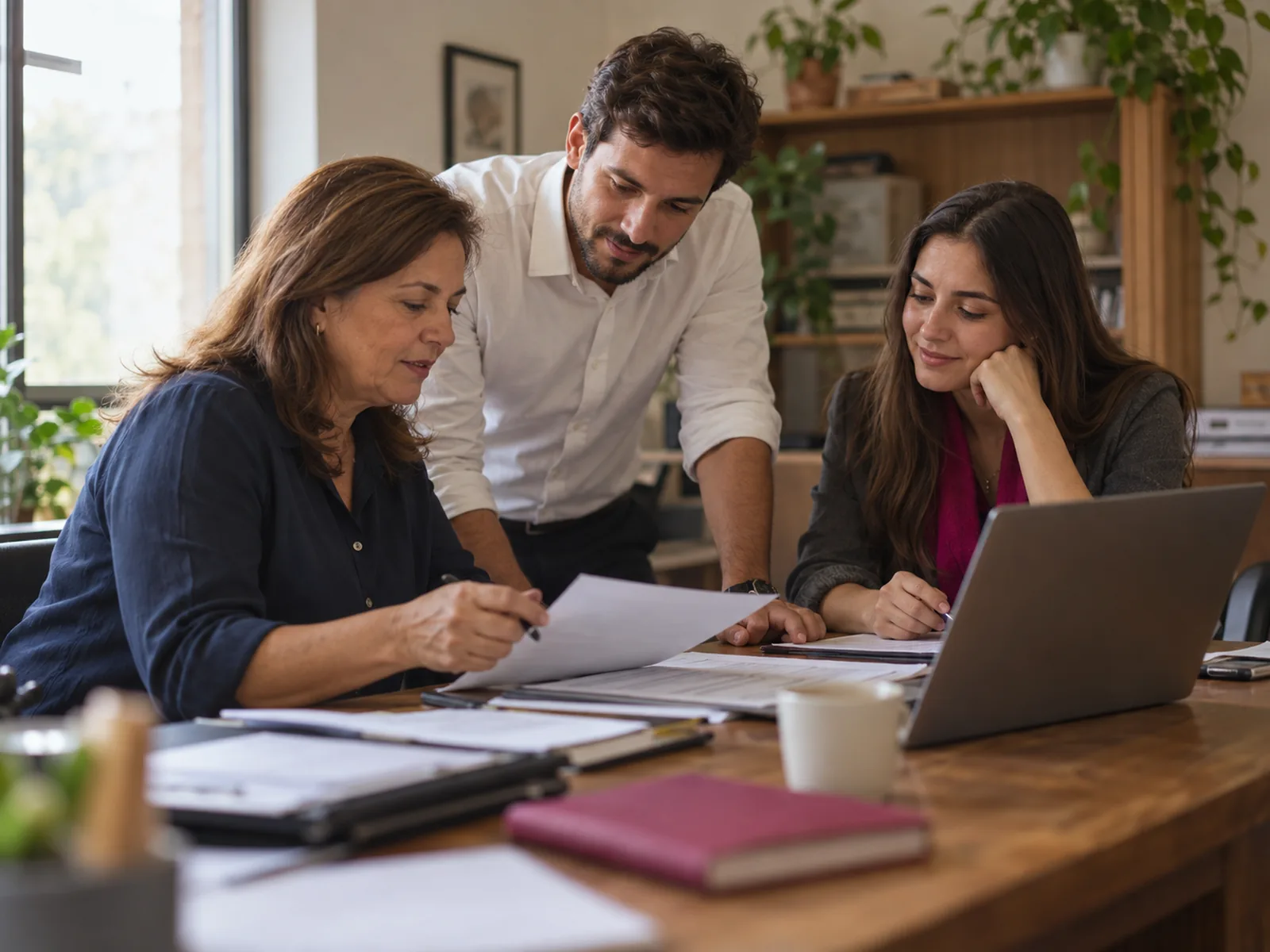 Três colegas de trabalho, de idades diferentes, revisando documentos juntos em uma mesa de escritório.